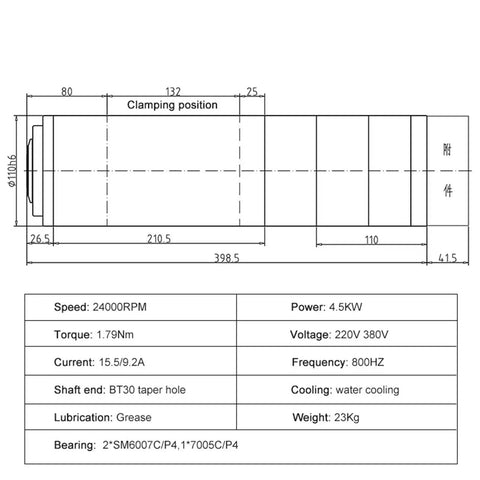 Badass 4.5KW Water Cooled Automatic Tool Change Spindle For CNC Router With BT30 Taper And 110MM Mount Plate 380V dimensions and specifications diagram.