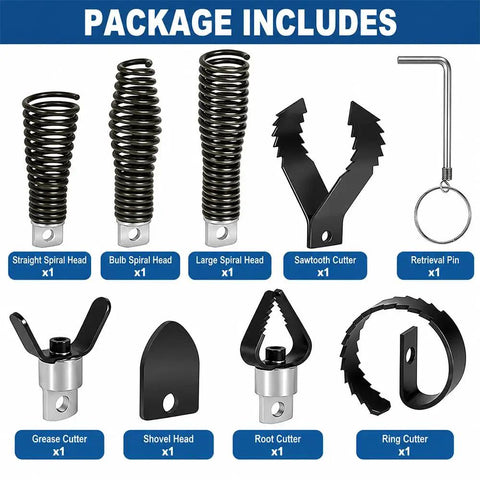 Heavy Duty Eight Piece Drain Auger Head Replacement Kit For General Mini Rooter Pro compatible spiral heads and tools.
