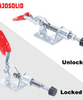 Heavy Duty 2 Pack Toggle Clamps showing unlocked and locked positions, zinc plated for woodworking and fab shops.