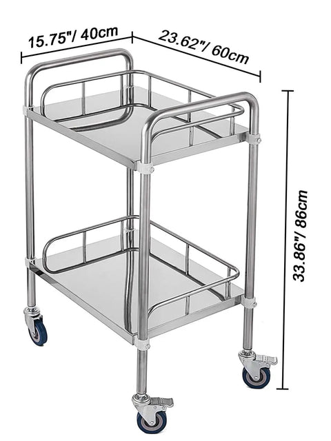 Stainless Steel Lab Rolling Cart Double Tier Mobile Utility Trolley With Smooth Swivel Wheels Crafted For Clinics Restaurants And Hospitals Hella Tough Real Deal, dimensions shown.