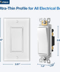 30 Pack Single Pole Light Switch With Wall Plate UL Listed 15A 120/277V shown with dimensions and white wall plate