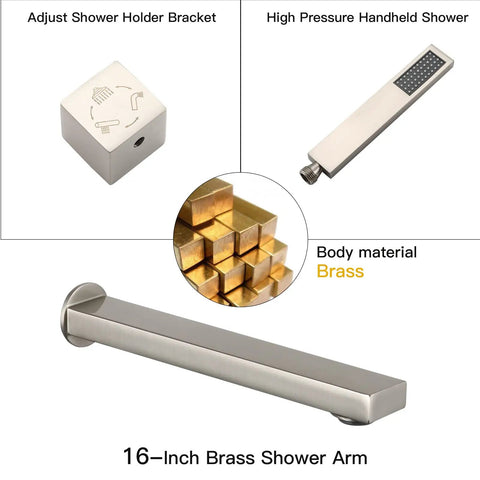 Components of Rain Shower System Wall Mounted High Pressure Rainfall Shower Faucet In Brushed Nickel Finish, including brass shower arm.