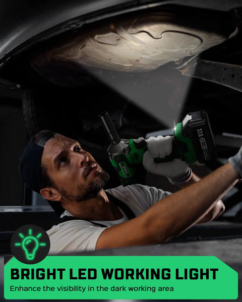 Mechanic using Cordless Brushless Impact Wrench Kit With 650 Nm Torque Half Inch Drive Two Batteries under car