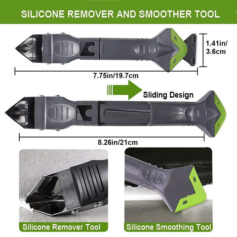 Five In One Caulk Remover Tool With Stainless Head For Silicone Sealant Removal And Grout Scraping, DIY Friendly Built In Cutter shown with dimensions and features