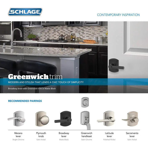 Heavy Duty Matte Black Deadbolt With Greenwich Trim, Keyed Entry, inside kitchen view showing door with installed lock