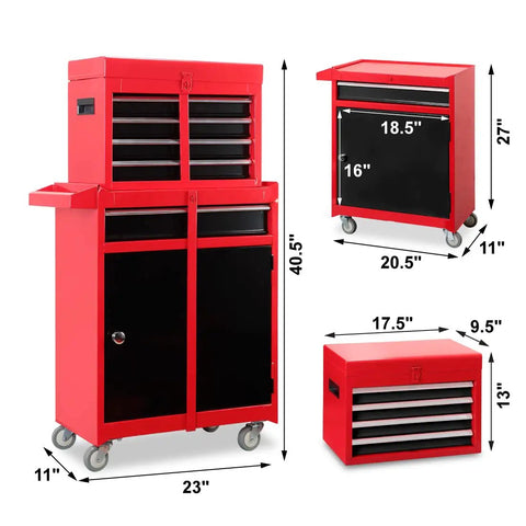 Five Drawer Rolling Tool Chest With Lockable Cabinet On Heavy Duty Wheels, detachable, cold-rolled steel, red-black finish