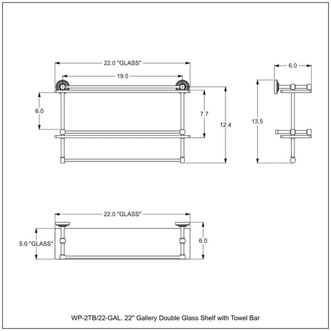 Technical drawing of Gallery Double Towel Bar and Glass Shelf 22 Inch Satin Chrome Bathroom Wall Mount with dimensions