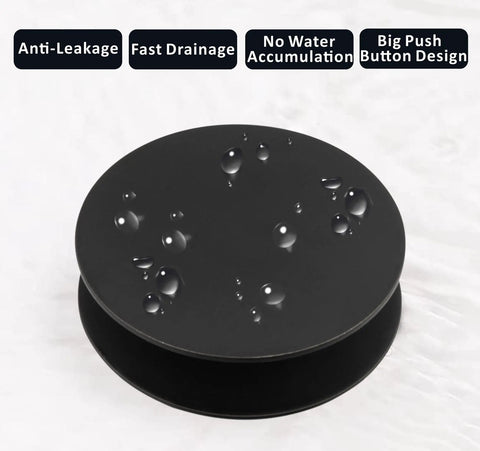 Universal Bathroom Sink Drain Stopper With Detachable Hair Catcher And Matte Black Finish, featuring a big push button design, water droplets.