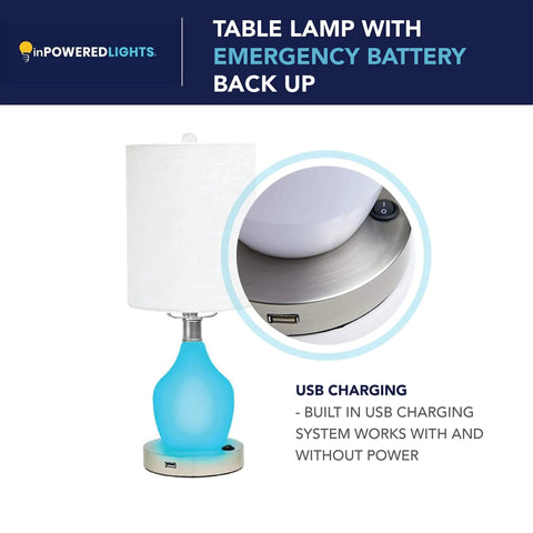Emergency Battery Back Up Table Lamp With USB Charging And Color Changing Base, featuring blue base and USB port