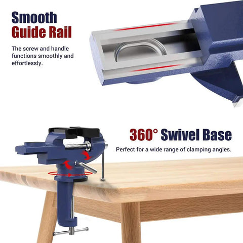 Beefy Clamp On Table Vise With 360 Degree Swivel Base For Woodworking And Metalworking attached to a bench corner.