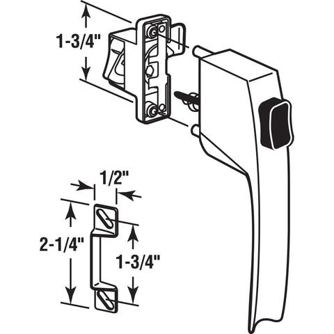 Diagram of push button latch set with night lock for screen and storm doors, white finish, includes handle, strike, and dimensions.