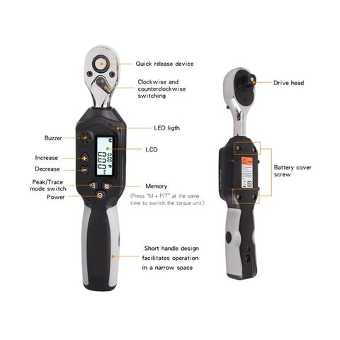 High Accuracy Digital Torque Meter With Backlight Display And Buzzer Alarm showing quick release device, LCD, and buttons for precise torque measurement.