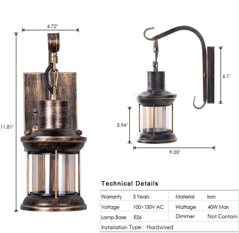 2 In 1 Black Rustic Wall Light With Industrial Glass Shade Lantern Metal Wall Sconce dimensions and technical details