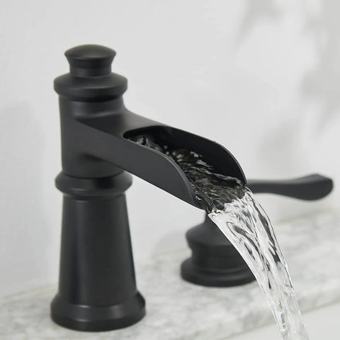 Black Waterfall Bathroom Faucet With 8 Inch Widespread Arc, Dual Lever Handles, water flowing from spout
