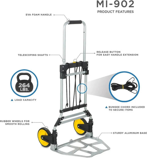Heavy Duty Folding Hand Truck With Telescoping Handle And 264 Lb Load Capacity, Rugged Trolley Cart For Easy Moves Of Boxes, Appliances, And Bulk Supplies At Home Or On The Job, aluminum base, rubber wheels