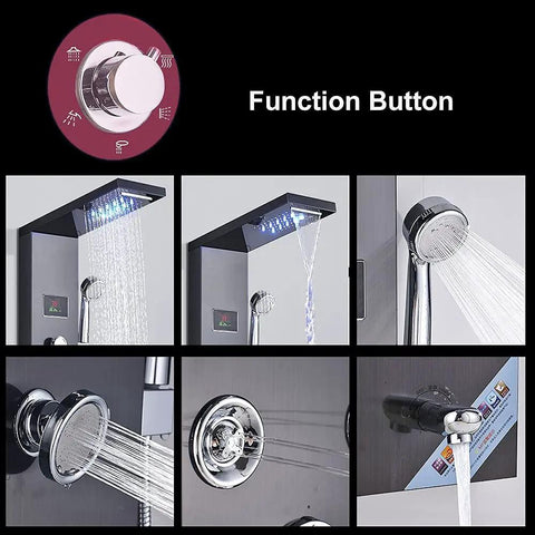 Control features of LED Rainfall Shower Panel Tower With Waterfall Handheld Tub Spout And Massage Jets Temperature Display Five Function Spa Upgrade For A Modern Bathroom Makeover With Epic Spa Vibe