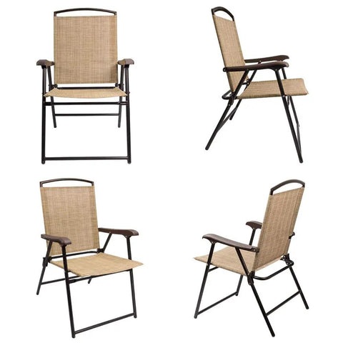 Outdoor Patio Folding Chairs Set Of 2 Sling Chairs For Camping Garden Pool Or Beach, Space Saving Foldable Design In Beige