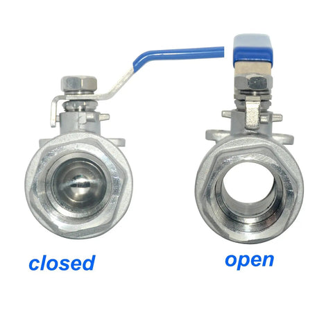 Two Pack Pro Grade 316 Stainless Steel 1.5 Inch Full Port Ball Valve With Heavy Duty Blue Vinyl Insulated Handle NPT Female Threads open closed