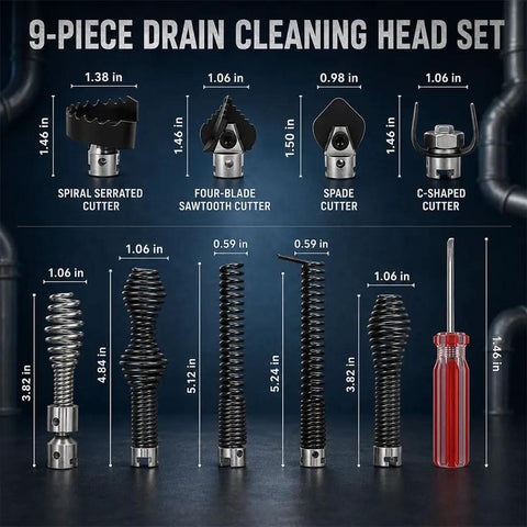 Heavy Duty 10 Piece Drain Cleaning Head Kit For General Wire Mini Rooter featuring various cutter heads and auger sizes.