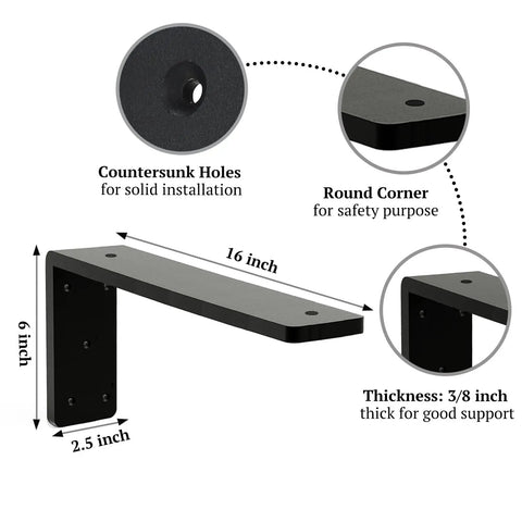 Straight Up Heavy Duty Countertop Support Bracket 16 Inch 3 Pack Three Eighth Inch Thick Steel L Shaped shelf with countersunk holes.