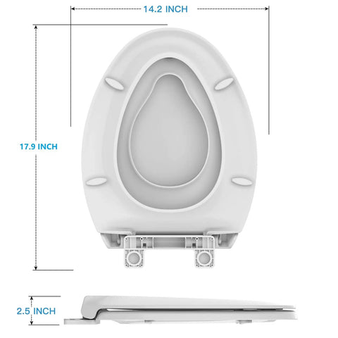Smooth Closing Elongated Toilet Seat Featuring Built In Toddler Potty Training Insert and Reliable Slow Drop Lid, top view with dimensions.