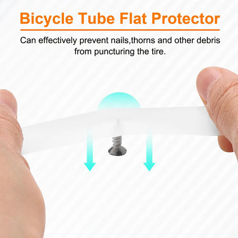 Close-up of Four Pack 26 Inch Bike Tire Liners For Puncture Proof PU Inner Tube Flat Protection preventing nail puncture.