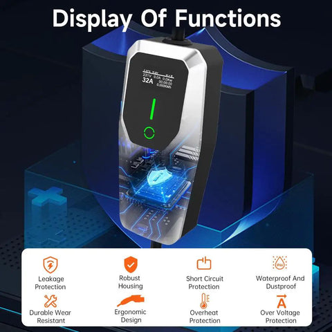 Display of Portable 26ft EV Charger Cable With NEMA 14-50 And 5-15 Plugs, functions and protections highlighted.