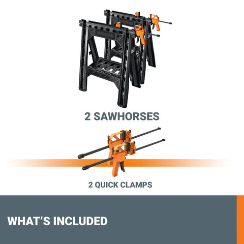 Integrated Bar Clamp Sawhorses For Secure Vertical Or Horizontal Work On Any Jobsite Lightweight At Just 4 Lbs Each Portable And Easy To Tote Built In Custom Clamps For Quick Stable Setups showing two black sawhorses and two orange clamps on a white background