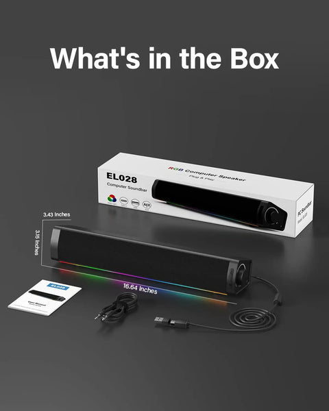 Product packaging and contents of Immersive RGB Gaming Desktop Speakers With 3 Customizable Sound Modes, USB Powered Monitor Speakers.