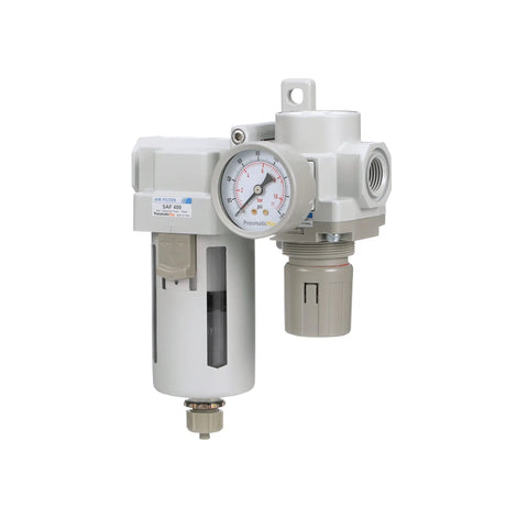SAU420-N04G Compressed Air Filter Regulator Combo Half Inch NPT With Poly Bowl Manual Drain Bracket Gauge 10 Micron Element