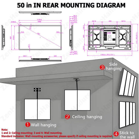 50 Inch Led Poster Frame With Top Shelf 4K HD Resolution illustration showing rear mounting options and dimensions for wall mounting.