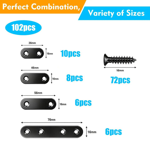 Diagram of Heavy Duty Stainless Steel Straight Bracket Kit With 30 Brackets And 72 Screws; sizes 36mm to 76mm shown.