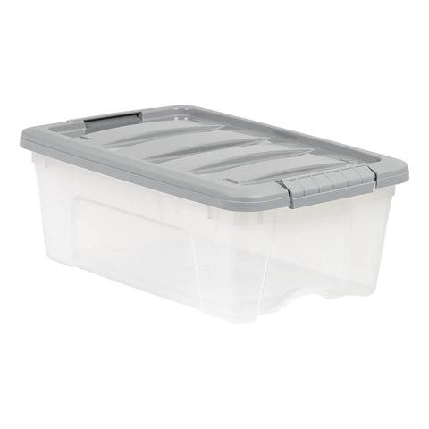 Heavy Duty Plastic Storage Containers With Secure Latching Lids Stackable Organization Bins Clear Grey Totes 12 Quart Gear Haulers Side View