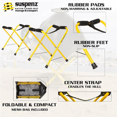 Rock Solid Foldable Kayak Stand Hella Portable Rack For Kayaks Canoes And SUPs Compact outdoor storage holder with rubber pads.