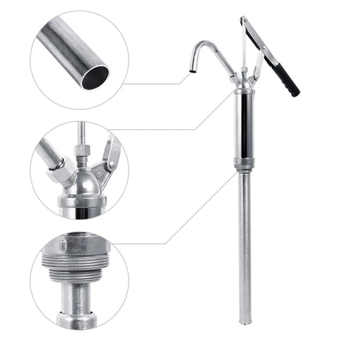 Aklosipy Lever Oil Transfer Pump With Cushioned Grip For Efficient Fluid Dispensing, showcasing its stainless steel design and components.