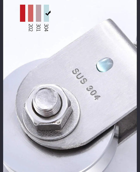 Close-up view of Two Pack V Groove Caster Wheels Beast Mode Heavy Duty Track Pulley System in 304 stainless steel with swivel ring.
