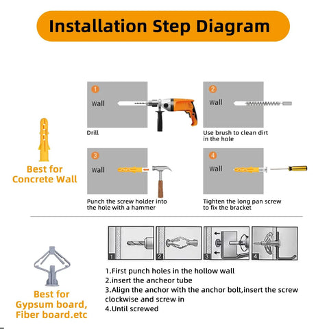 Installation step diagram for Built Like A Tank Heavy Duty Shelf Brackets 12 X 8 Inch 6 Pack Wall Mount L Brackets.