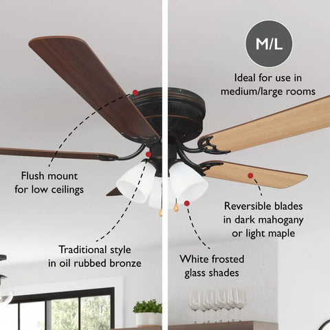 52 Inch Traditional Ceiling Fan With Five Blades And Dope LED Light Kit, Low Profile Hugger For Medium To Large Rooms, Reversible Dark Mahogany And Light Maple Blades, 3 Speed Pull Chain, Quiet Oil Rubbed Bronze Finish, Reverse Airflow