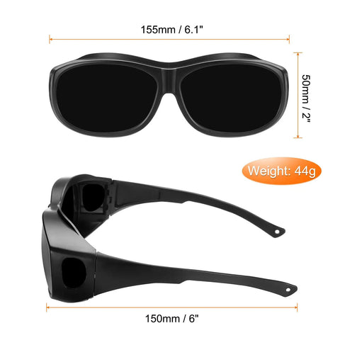 Heavy Duty Welding Safety Glasses With Infrared Protective Lenses Anti Glare Impact Resistant PC Frame CE Certified PPE Protective Eyewear shown from front and side angles with dimensions.