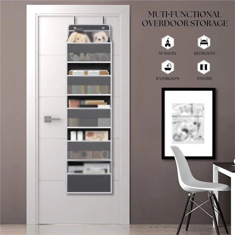 Seven Tier Over Door Hanging Storage Rack With Plentiful Mesh Side Pockets For Closets And Baths, gray, mounted on a white door.