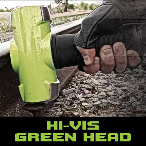 Heavy Duty Mechanics Hammer Kit With 4 Lb Sledge, Hi Vis drop forged head in use on a railroad track, steel core handle visible
