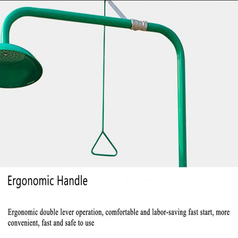 Emergency Eye Wash Station With Eyewash And Shower Kit in stainless steel, green ergonomic handle, ABS coating.