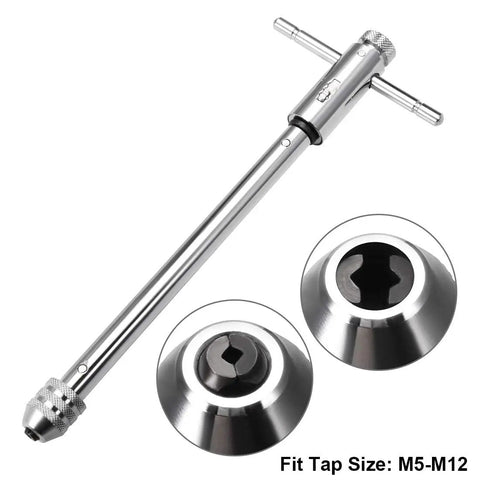Adjustable Ratchet Tap Wrench T Handle For M5 To M12 Taps With 295mm Body showing steel jaws and knurled chuck detail