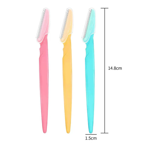 Six Piece Eyebrow Razor Kit For Her Or Him Is A Total Game Changer that includes three colorful razors measuring 14.8cm.