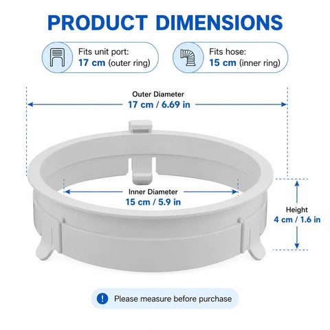 Easy Install 4 Position Snap Portable AC Exhaust Hose Connector With 6.69 Inch Outer Diameter And 5.9 Inch Inner Diameter Replacement Fits Old Version KYR35 KY25 JHS And Vissani Portable Air Conditioners dimensions, ABS plastic connector, 17 cm outer and 15 cm inner diameter