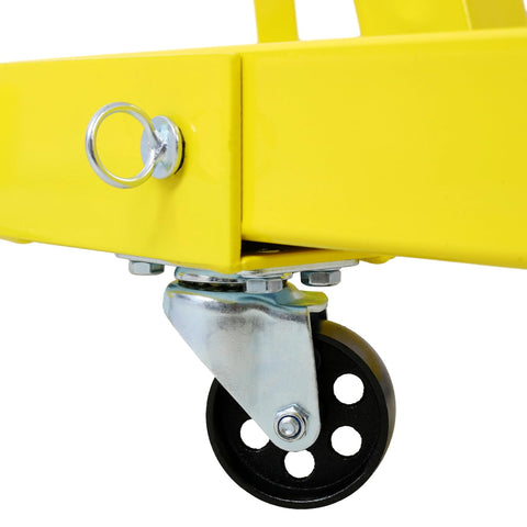 Heavy Duty 2 Ton Folding Engine Hoist And Shop Crane Cherry Picker wheel detail showing rugged swivel caster and yellow powder coat.