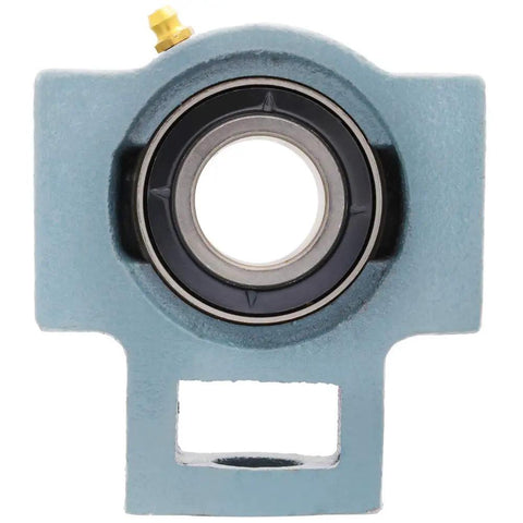 Front view of Two Pack Mounted Unit Bearing Take Up Assembly With Cast Iron Housing T205 And UC20516 Insert Bearing 1 Inch Shaft Bore