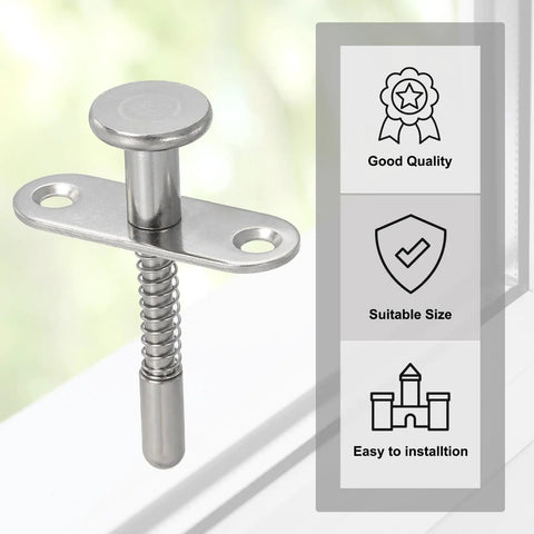 Professional Grade Rock Solid Spring Loaded Plunger Latches 8 Pack Stainless Steel Quick Release Cabinet Door Locks With M4 Mounting Screws For Diy Crew Workshop Builds Silver close-up of stainless steel latch with spring mechanism