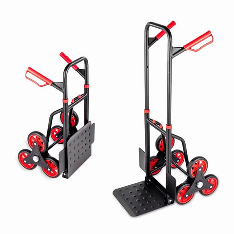 Foldable Transport Cart With Stair Climber Hand Truck Six Wheel System Lets You Roll Up Stairs And Curbs Carbon Steel Frame Comfortable Ergonomic Handles Ideal For Couriers Deliveries And Apartments Heavy Lifting Made Easy., foldable carbon steel stair-climbing hand truck with six wheels and ergonomic red handles