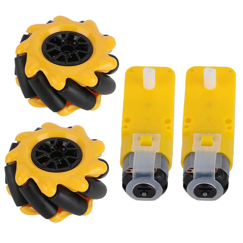 Mecanum wheel set with two yellow 48mm omni wheels and two yellow motor housings for TT geared motors